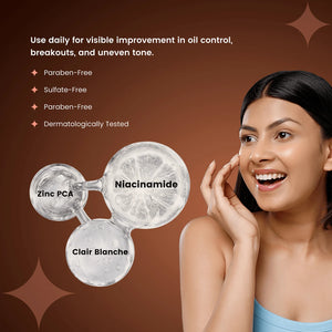Key skincare ingredients zinc PCA niacinamide salicylic acid glycolic acid and Clair Blanche for acne and oil control