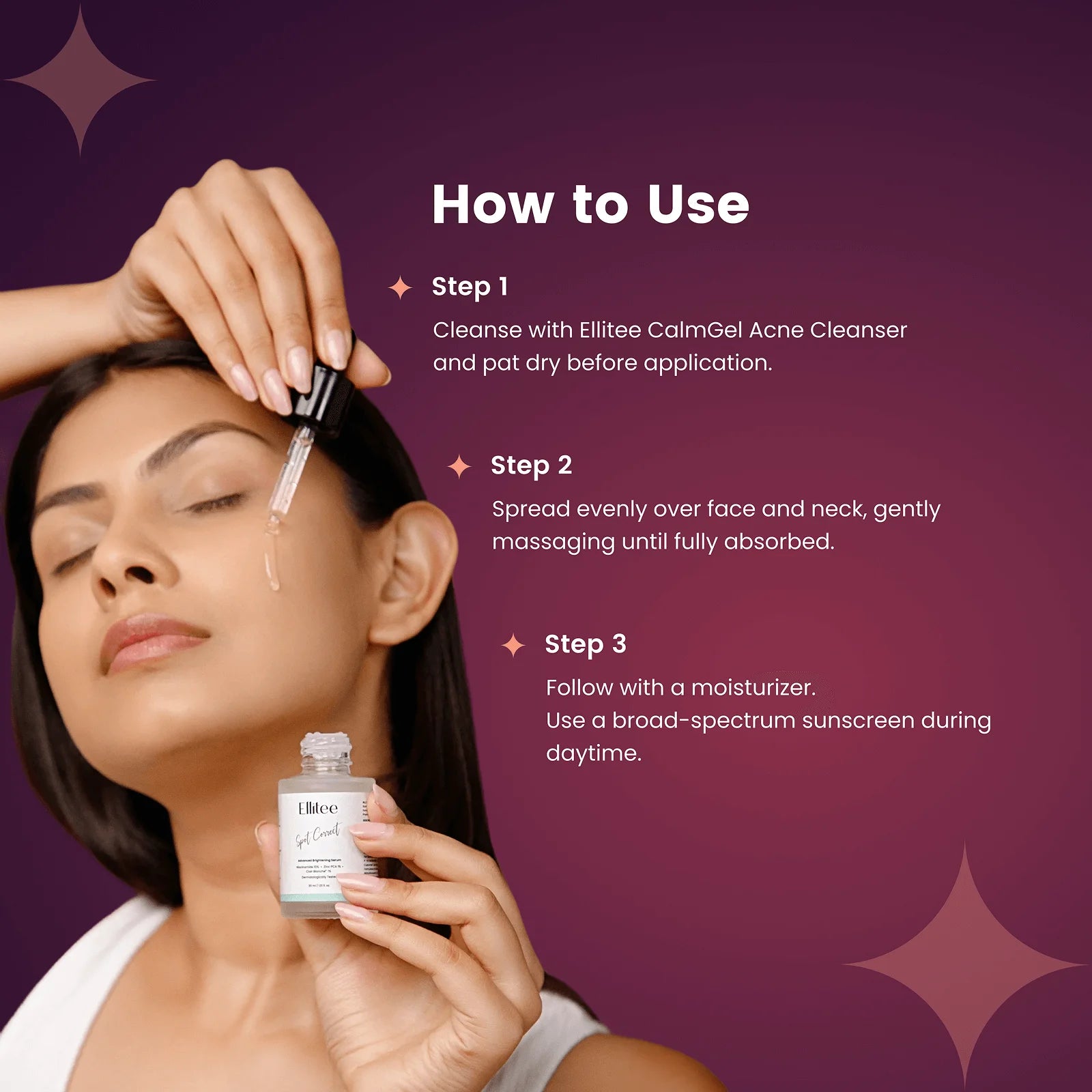 How to apply Ellitee Spot Correct niacinamide serum step by step for acne marks and uneven skin tone