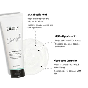 Ellitee Cleargel anti acne facewash with 2% salicylic acid and 0.5% glycolic acid gel cleanser for oily and acne prone skin
