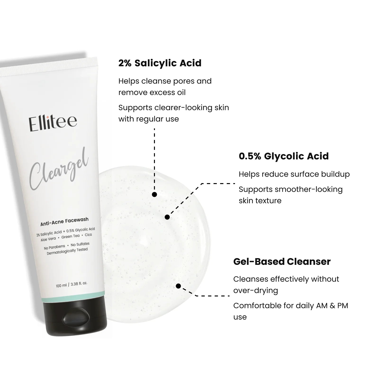 Ellitee Cleargel anti acne facewash with 2 percent salicylic acid and 0.5 percent glycolic acid gel cleanser for oily skin