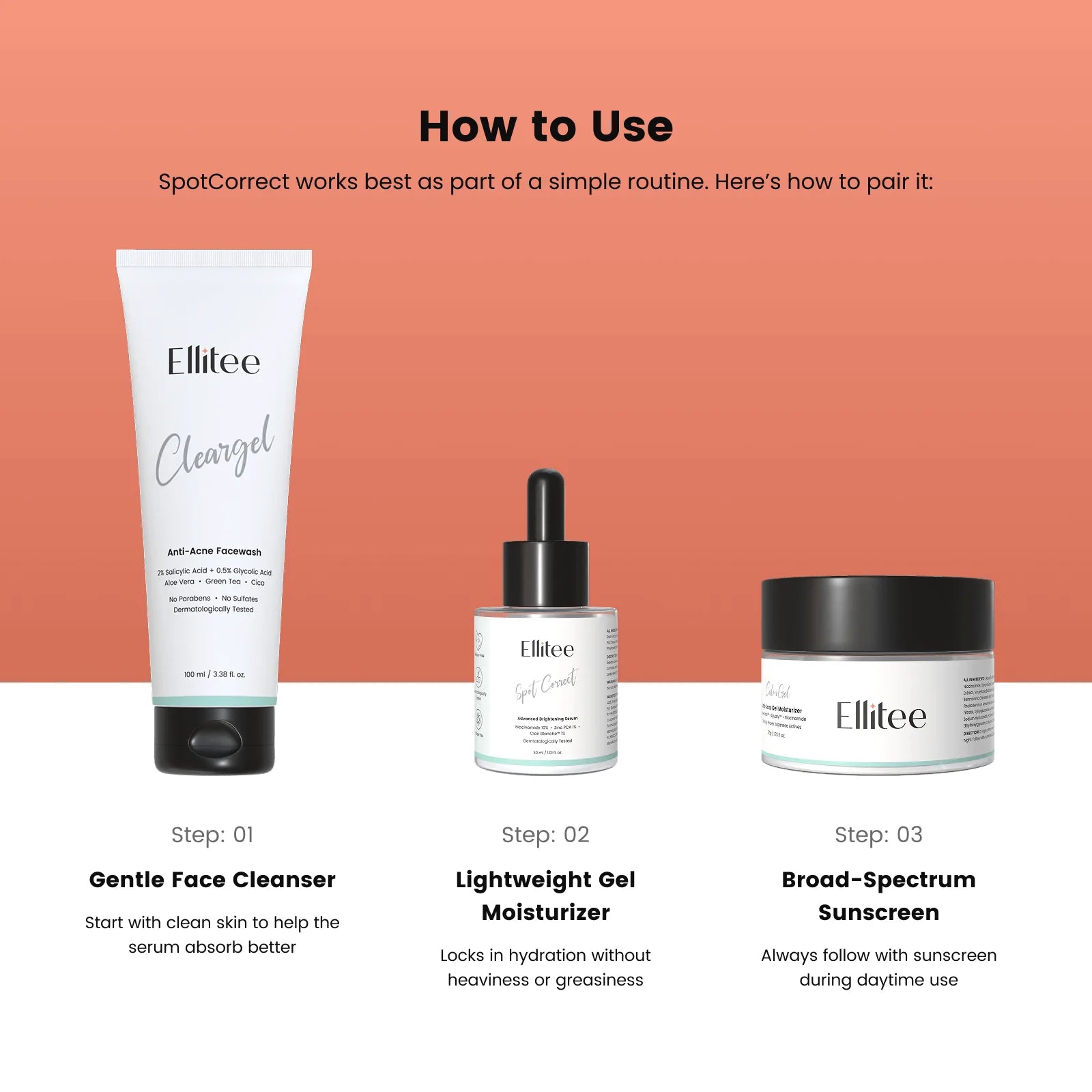 Ellitee acne skincare routine showing Cleargel facewash, Spot Correct niacinamide serum, and sunscreen for daily acne care