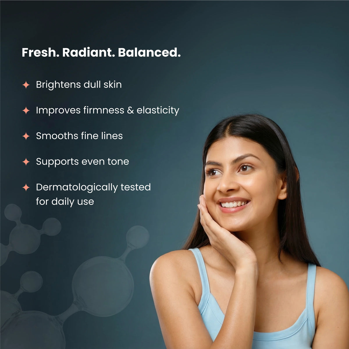 Radiant skin benefits list with model