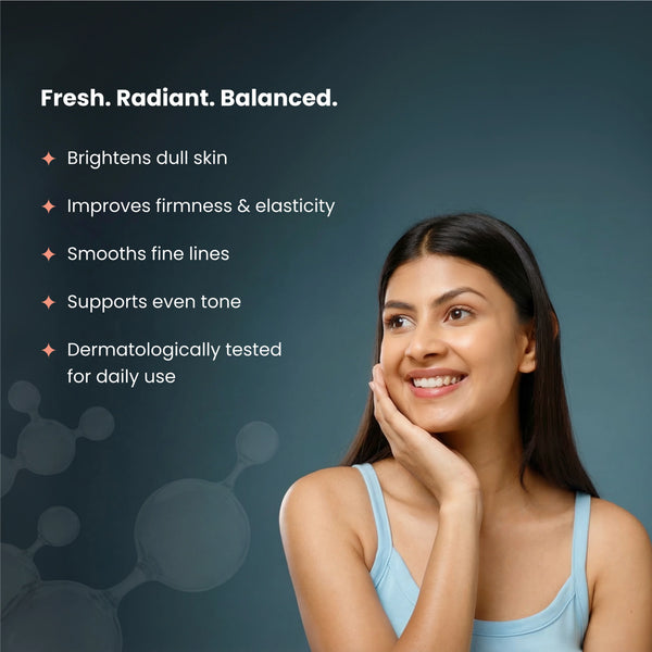 Radiant skin benefits list with model