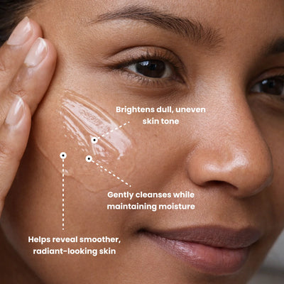 Brightening cleanser applied on skin