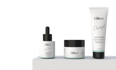 Ellitee skincare hero banner featuring Cleargel facewash Spot Correct niacinamide serum and CalmGel moisturizer for clear acne free skin